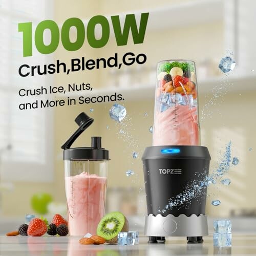 1000W blender ad with smoothies and fruits.
