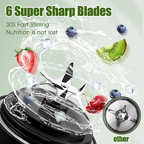Blender blades with strawberries, kiwi, and ice.