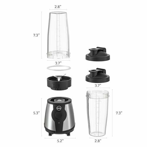 Blender parts with dimensions including base, jars, and lids.