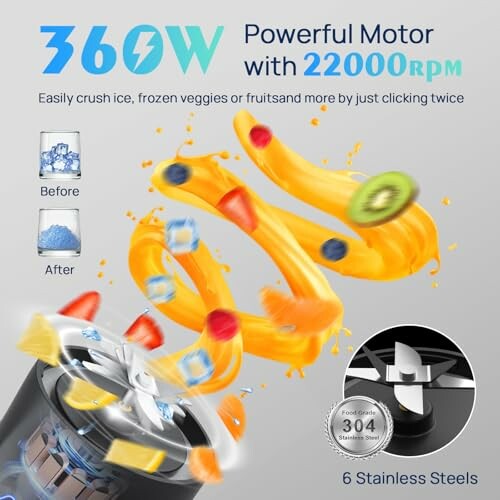 Blender with 360W motor and 22000 RPM, showcasing ice and fruit blending.