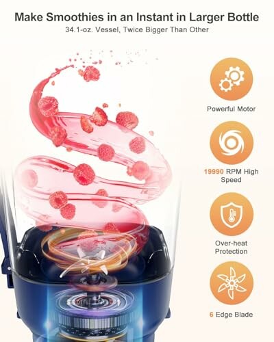 Blender with swirling smoothie ingredients and features list.
