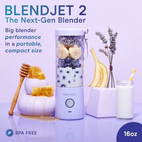 BlendJet 2 portable blender with fruit and honey.