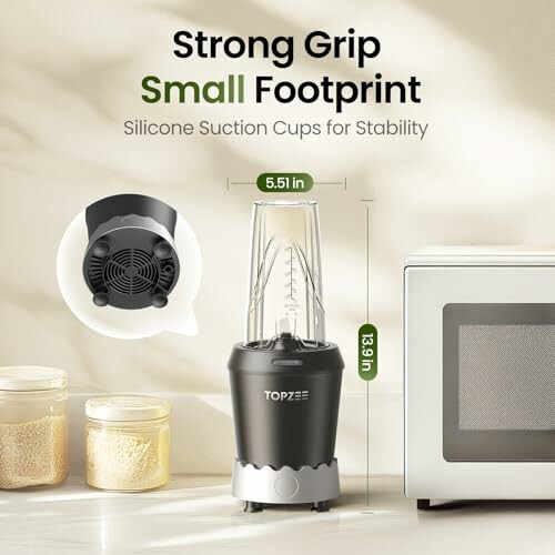 Compact blender with silicone suction cups and small footprint.