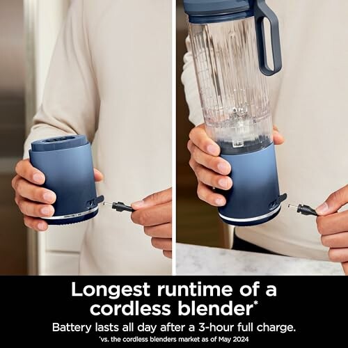 Person charging a cordless blender with text about battery runtime.