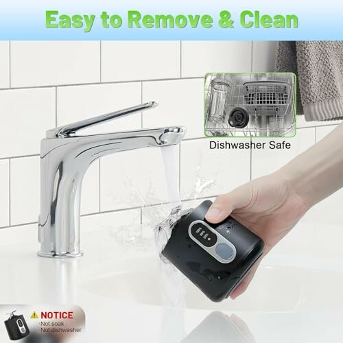 Device being rinsed under a faucet, labeled dishwasher safe.