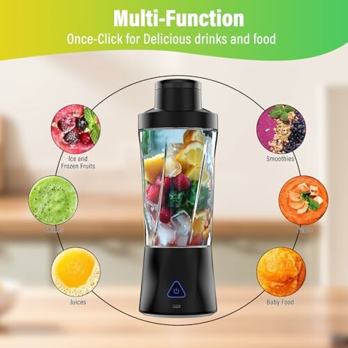 Multi-function blender with fruits and food ingredients around it.