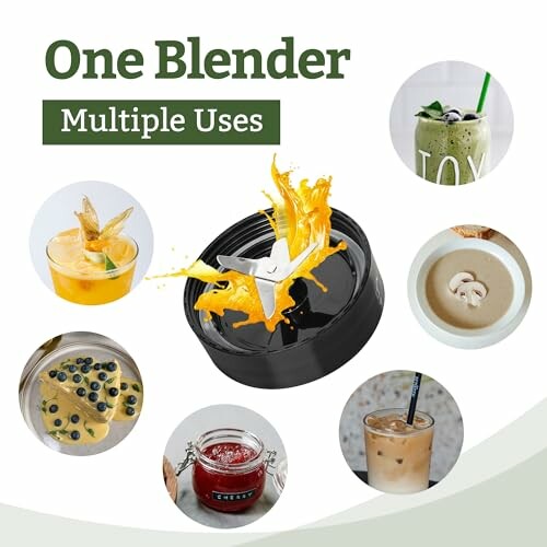 Blender blade surrounded by smoothie, soup, dough, sauce, and coffee