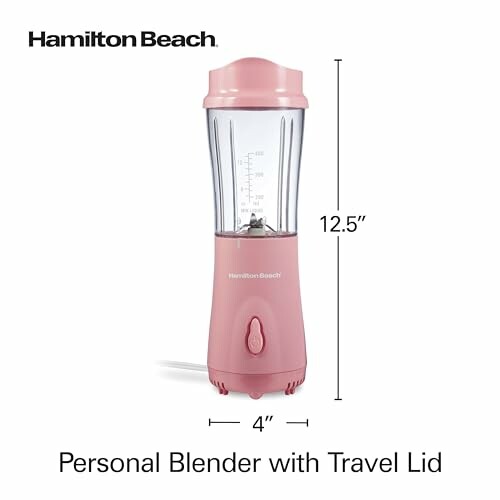 Pink personal blender with travel lid and dimensions.