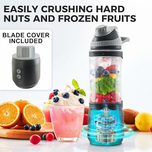 Portable blender crushing nuts and frozen fruits with blade cover included.