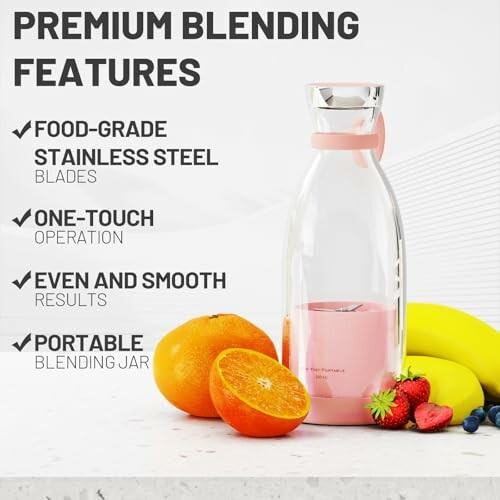 Portable blender with premium features including food-grade stainless steel blades, one-touch operation, and portable blending jar, surrounded by fruits.