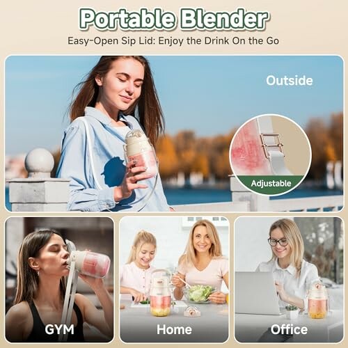Collage showing a portable blender in various settings: outside, gym, home, and office.