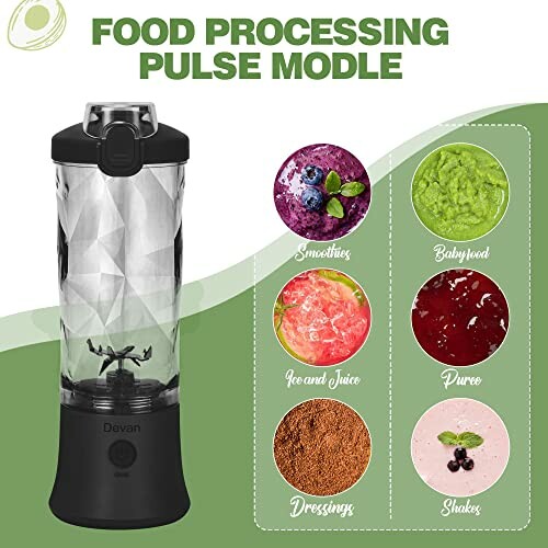 Portable blender with various food processing options including smoothies, baby food, ice and juice, puree, dressings, and shakes.