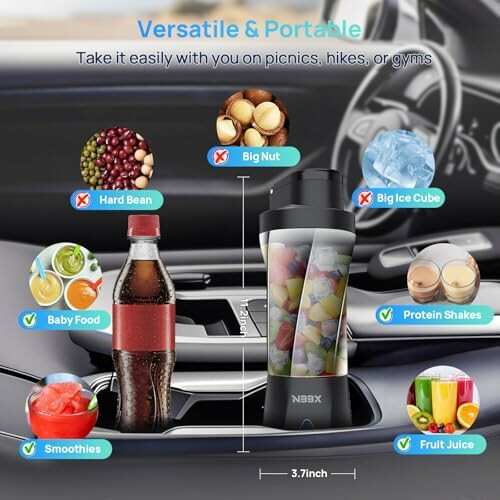 Portable blender in car cup holder with versatile uses for nuts, ice, smoothies, shakes, and more.