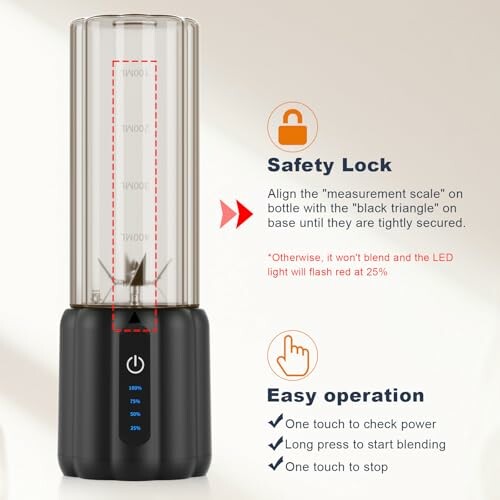 Portable blender with safety lock and operation instructions.