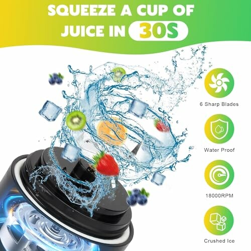 Portable blender with fruit and ice splashing, highlighting features like 6 sharp blades, waterproof, 18000 RPM, and crushed ice capability.