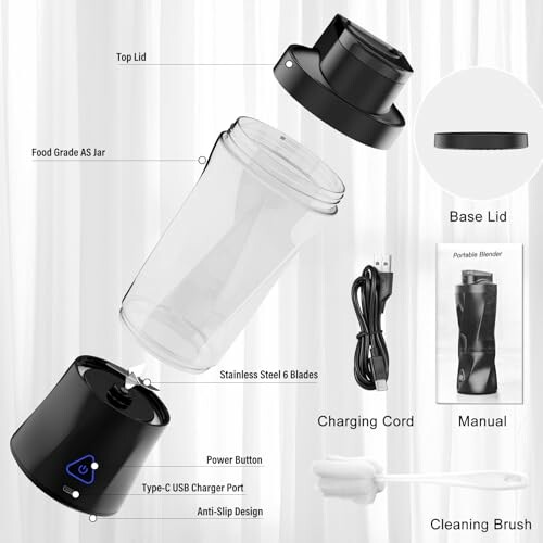 Portable blender kit with jar, base lid, charging cord, manual, and cleaning brush.