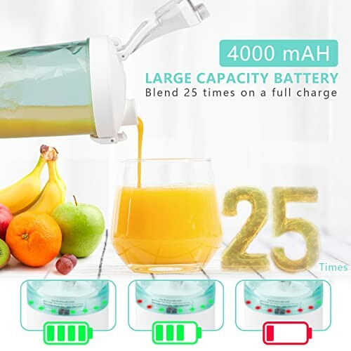 Portable blender pouring juice with large 4000 mAh battery capacity.