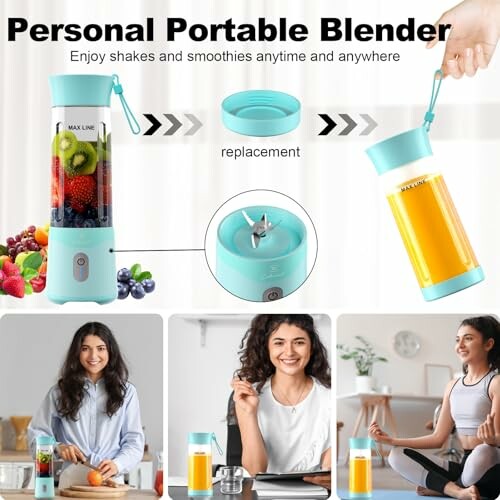 Personal portable blender with fruit and juice, used by women in various settings.