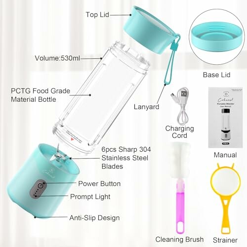 Portable blender set with bottle, blades, charging cord, cleaning brush, and strainer.