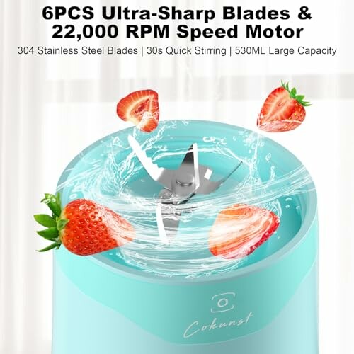Portable blender with strawberries and sharp blades, featuring 22,000 RPM motor.