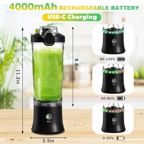 Portable blender with rechargeable battery and USB-C charging, displaying battery levels.