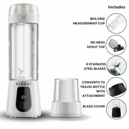 Portable blender with BPA free cup, spout top, stainless steel blades, travel bottle conversion, and blade cover.