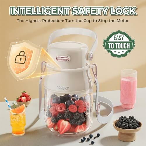 Portable blender with intelligent safety lock and fruit smoothies.