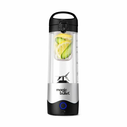 Portable blender with sliced lemon and cucumber inside.