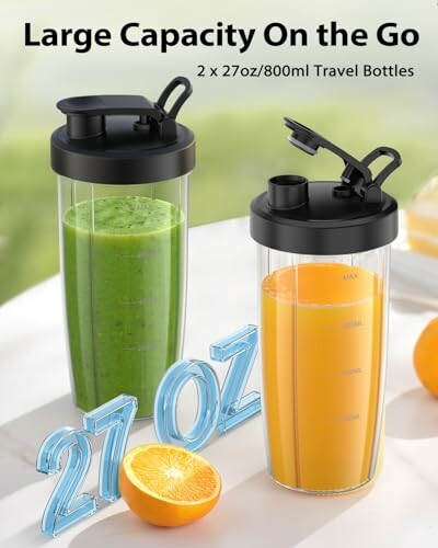 Two travel bottles with green and orange drinks, labeled 27oz capacity.